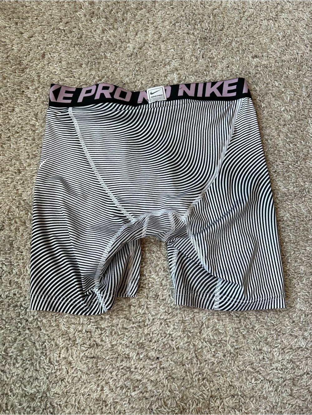 Nike Black & White Striped Compression Shorts with Pink Logo Waistband - Picture 3 of 4
